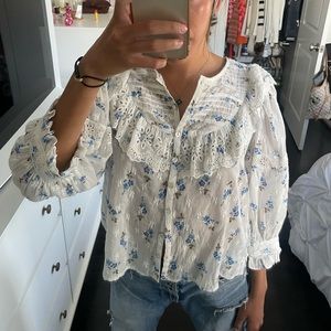 Love shack fancy floral print crew neck blouse